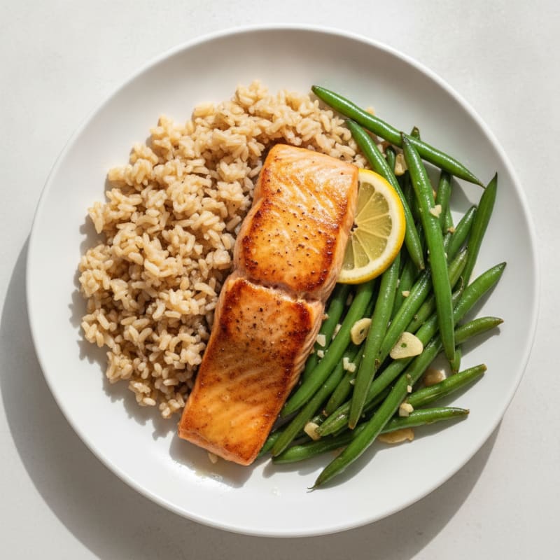 Seared Salmon Fillet with Garlic Green Beans and Brown Rice
