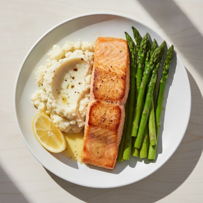 Seared Salmon with Asparagus and Garlic Mashed Cauliflower