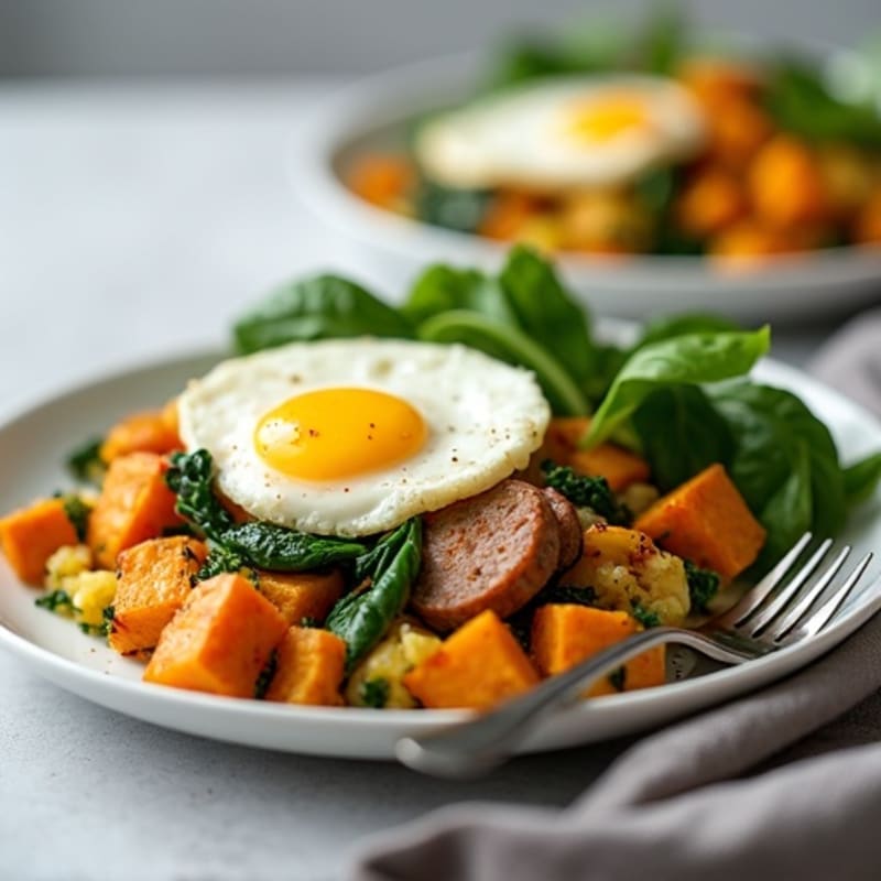Egg White and Turkey Sausage Scramble with Spinach and Roasted Sweet Potatoes