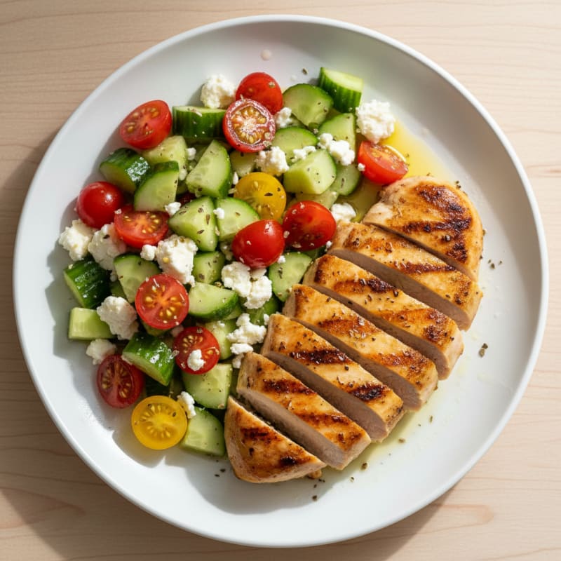 Grilled Chicken Breast with Cucumber Tomato Feta Salad