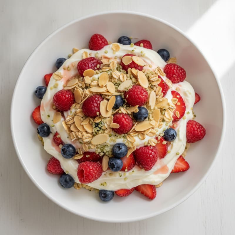 High-Protein Greek Yogurt Parfait with Mixed Berries and Vanilla Protein Crunch
