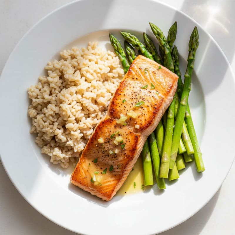 Seared Salmon with Steamed Asparagus and Brown Rice