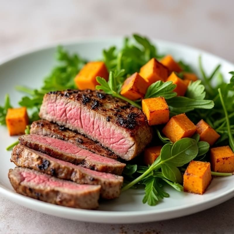 Pan-Seared Steak with Roasted Sweet Potato and Mixed Greens