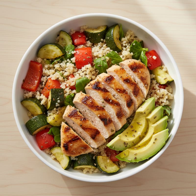 Grilled Chicken Salad Bowl with Quinoa and Roasted Vegetables