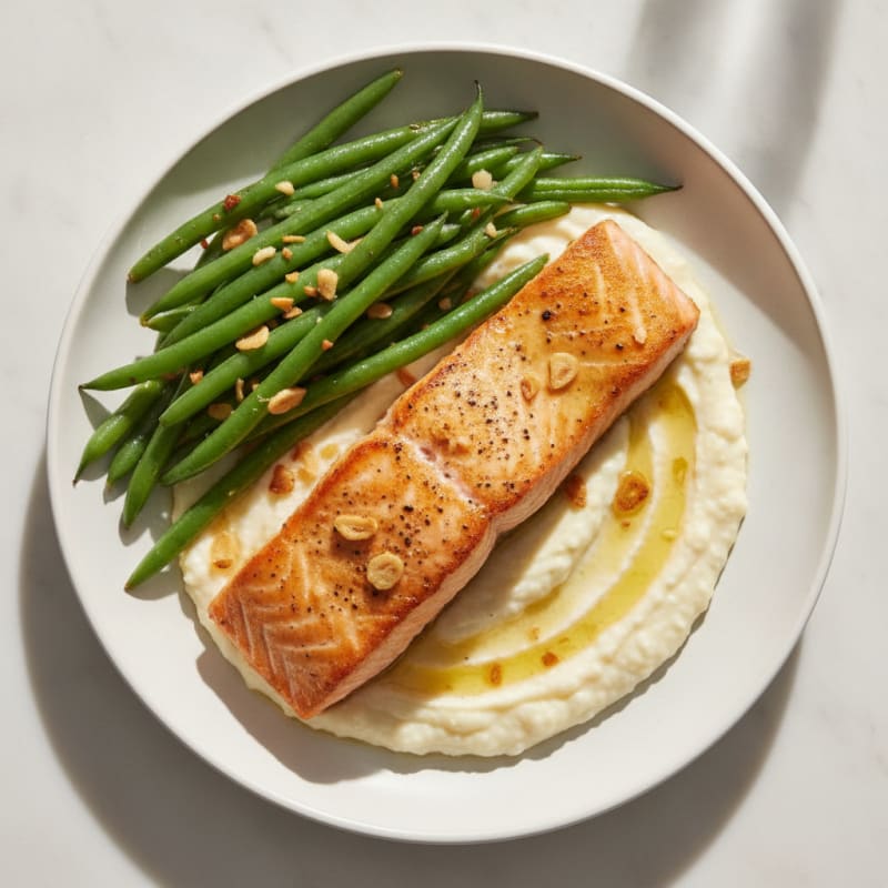 Seared Salmon with Garlic Green Beans and Cauliflower Mash