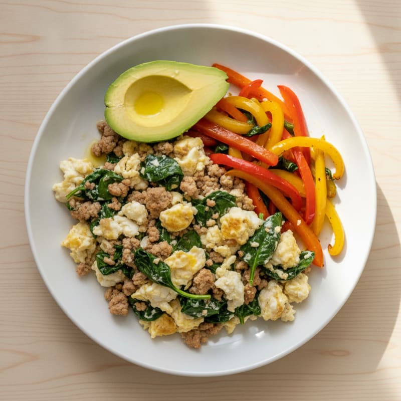 Egg White and Turkey Spinach Scramble with Sautéed Bell Peppers