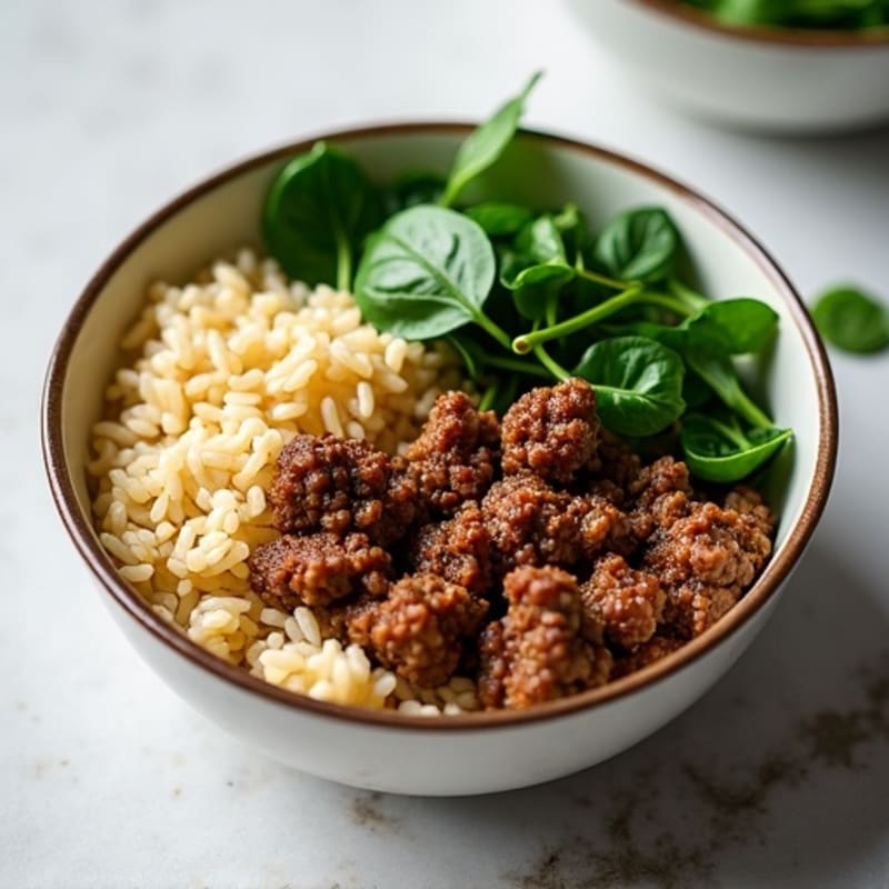 Crispy Ground Beef with Fluffy Brown Rice and Sautéed Greens