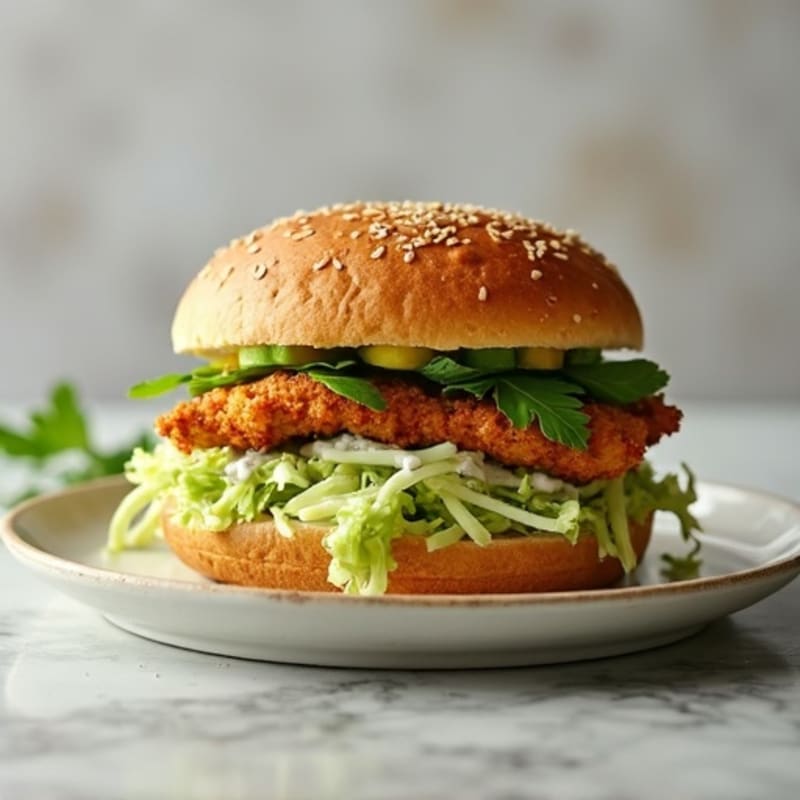 Crispy Baked Chicken Sandwich with Creamy Avocado Slaw