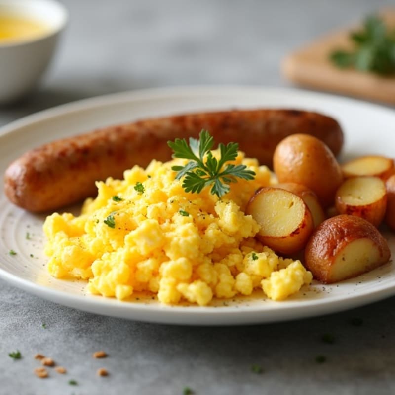 Scrambled Eggs with Chicken Sausage and Roasted Potatoes