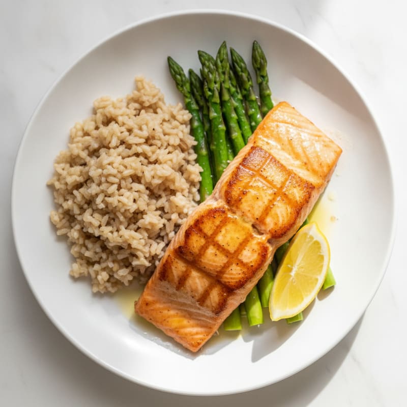 Seared Salmon Fillet with Steamed Asparagus and Brown Rice