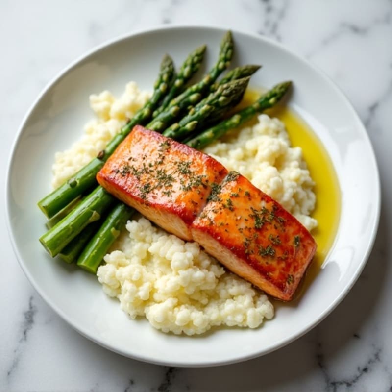 Seared Salmon with Steamed Asparagus and Cauliflower Mash