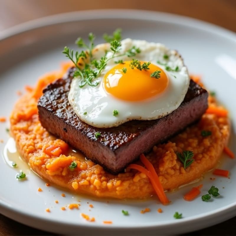 Seared Beef with Sweet Potato Mash and Kimchi Slaw