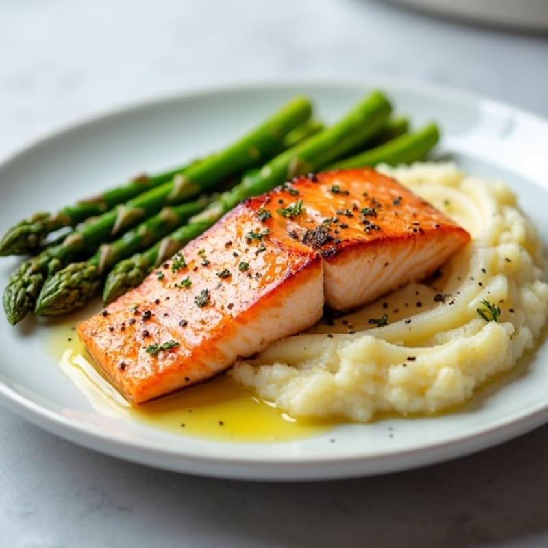 Seared Salmon with Steamed Asparagus and Garlic Mashed Potatoes