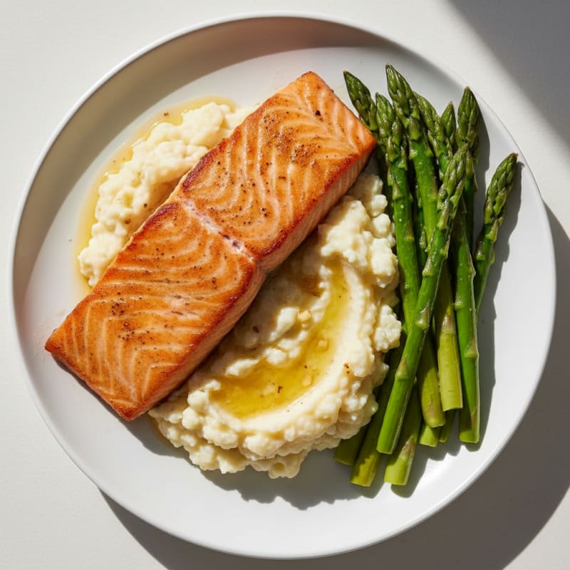 Seared Salmon with Steamed Asparagus and Garlic Mashed Cauliflower