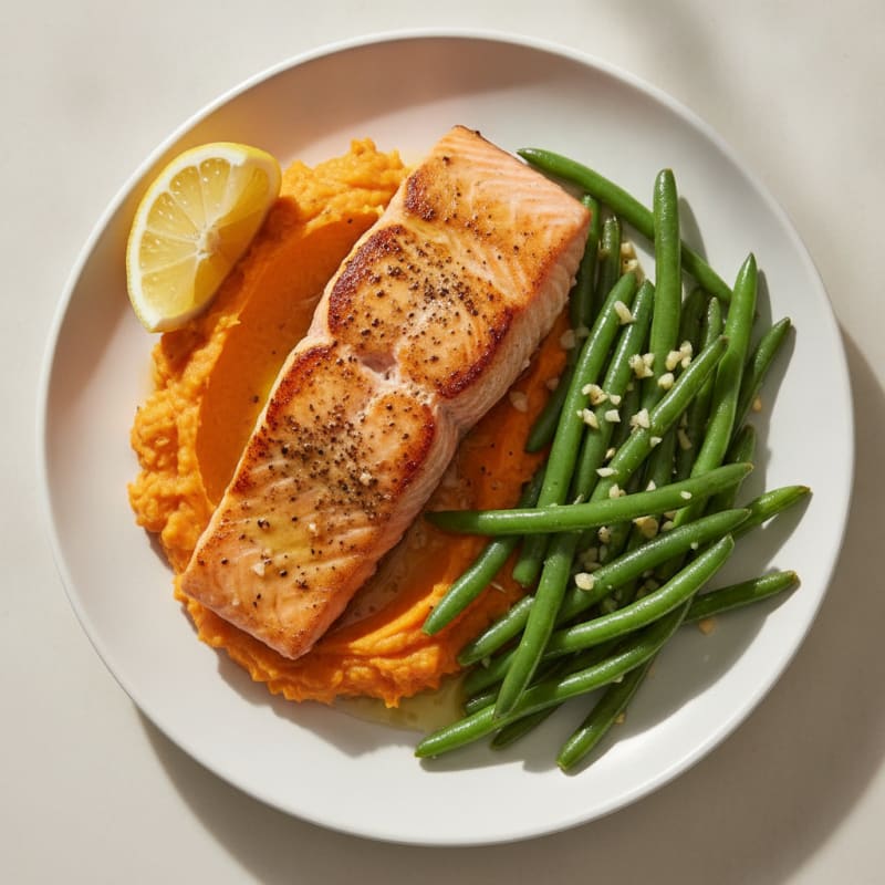 Seared Salmon Fillet with Garlic Green Beans and Sweet Potato Mash