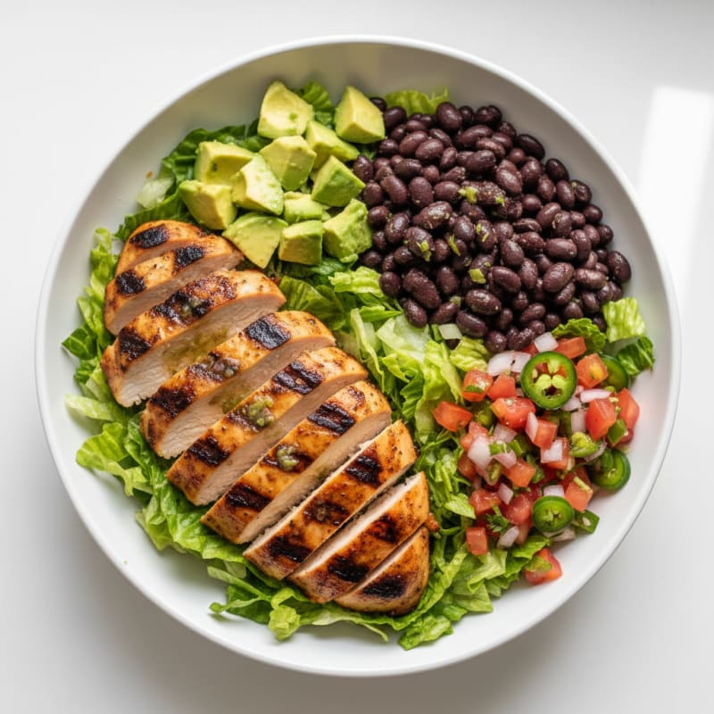Grilled Chicken Taco Bowl with Black Beans and Shredded Lettuce