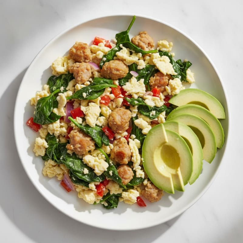 Egg White Spinach Scramble with Turkey Sausage