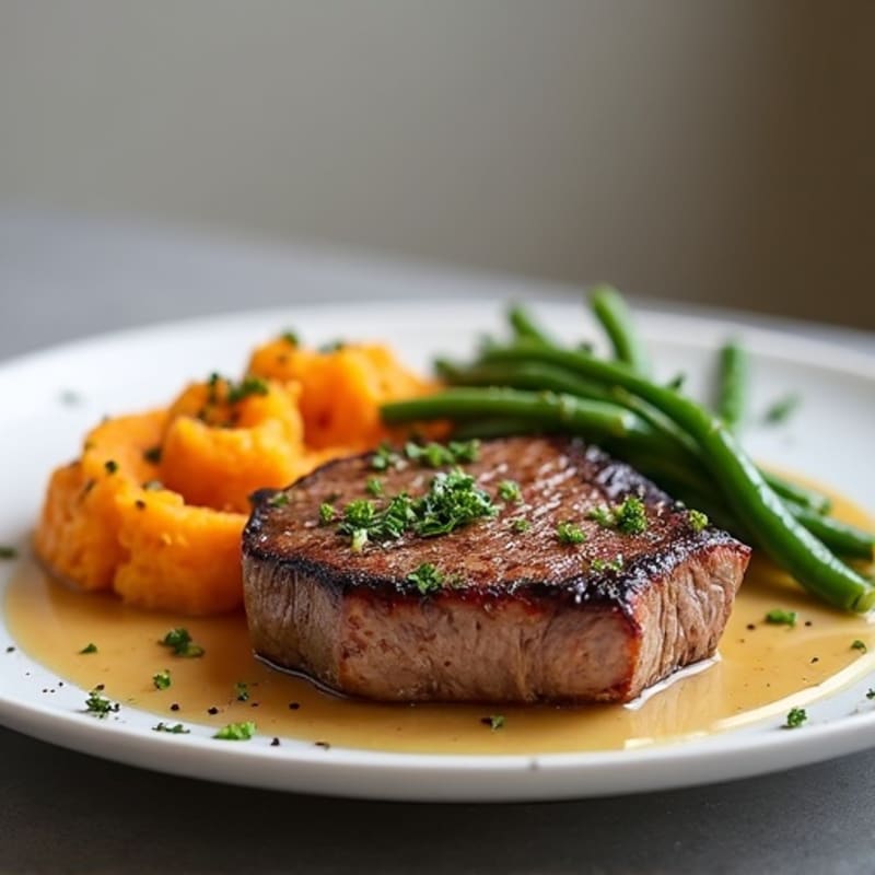 Seared Steak with Garlic Green Beans and Sweet Potato Mash