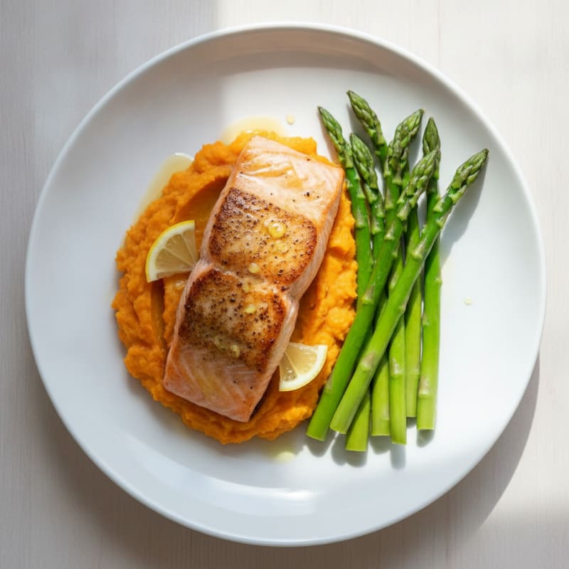 Seared Salmon Fillet with Steamed Asparagus and Sweet Potato Mash