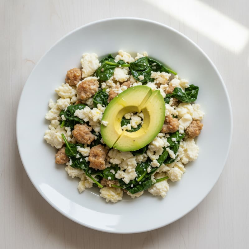 Egg White Scramble with Turkey Sausage and Sautéed Spinach