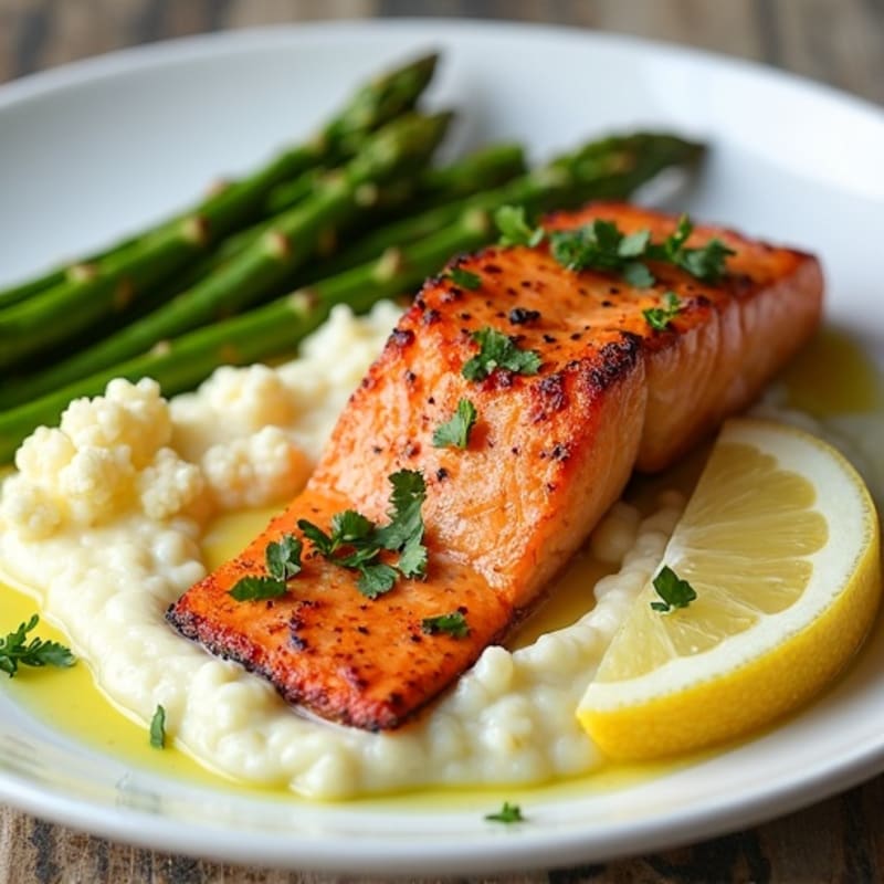 Seared Salmon with Steamed Asparagus and Cauliflower Mash
