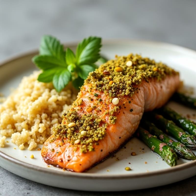 Crispy Pistachio-Crusted Salmon with Roasted Asparagus and Lemon-Herb Quinoa