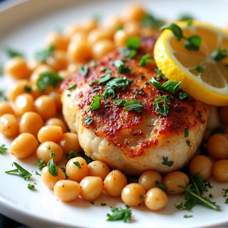 Lemon Herb Roasted Chicken Thighs with Crispy Garbanzo Beans