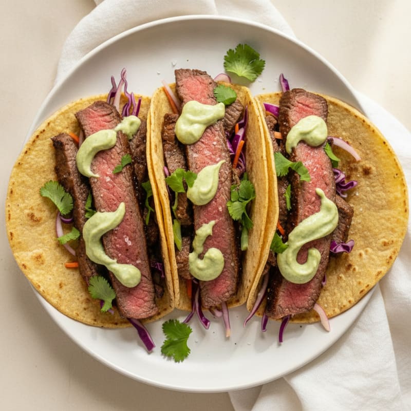 Pan-Seared Steak Tacos with Avocado Crema