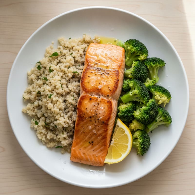 Seared Salmon Fillet with Steamed Broccoli and Quinoa