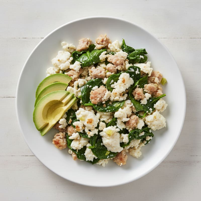 Egg White and Turkey Sausage Scramble with Sautéed Spinach