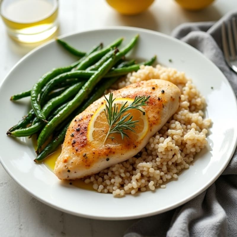 Lemon-Herb Roasted Chicken with Fluffy Brown Rice and Roasted Green Beans