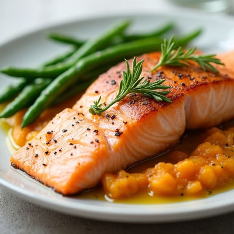 Seared Salmon with Garlic Green Beans and Sweet Potato Mash