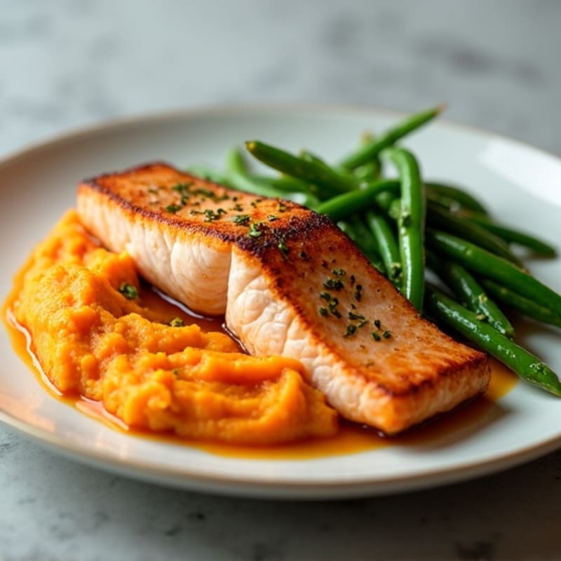 Seared Salmon with Garlic Green Beans and Sweet Potato Mash