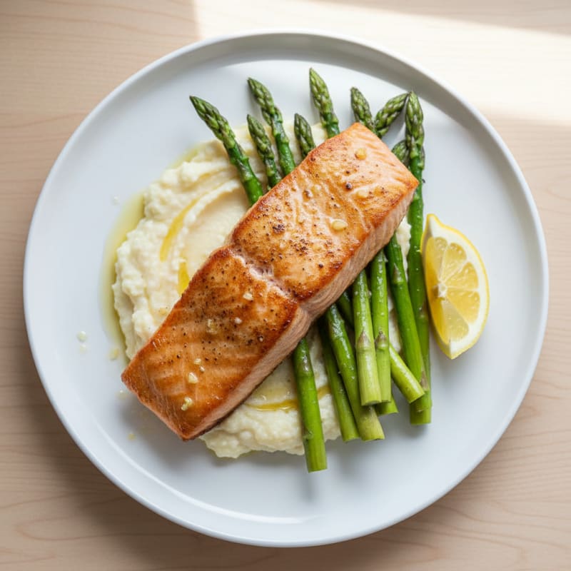 Seared Salmon with Roasted Asparagus and Cauliflower Mash