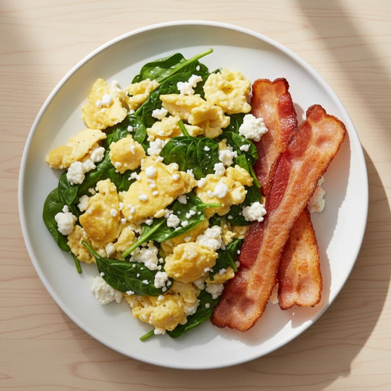 Cottage Cheese Egg Scramble with Spinach and Turkey Bacon
