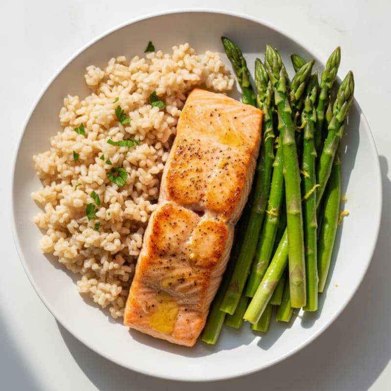 Seared Salmon with Steamed Asparagus and Brown Rice