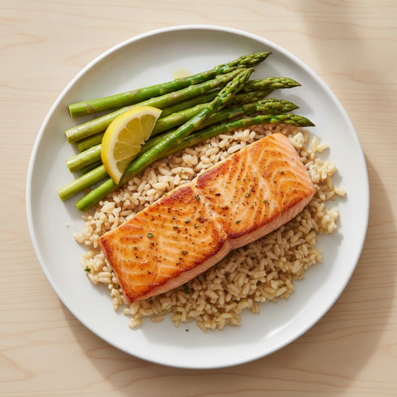 Seared Salmon Fillet with Steamed Asparagus and Brown Rice