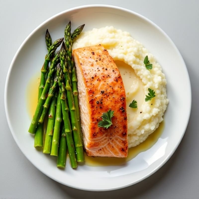 Seared Salmon Filet with Steamed Asparagus and Cauliflower Mash