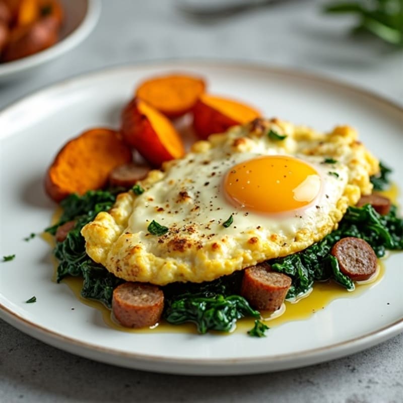 Egg White and Turkey Sausage Scramble with Spinach and Roasted Sweet Potato
