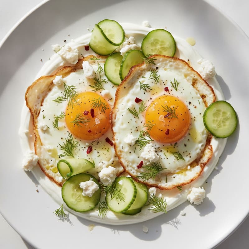 Pan-Seared Eggs with Feta and Cucumber