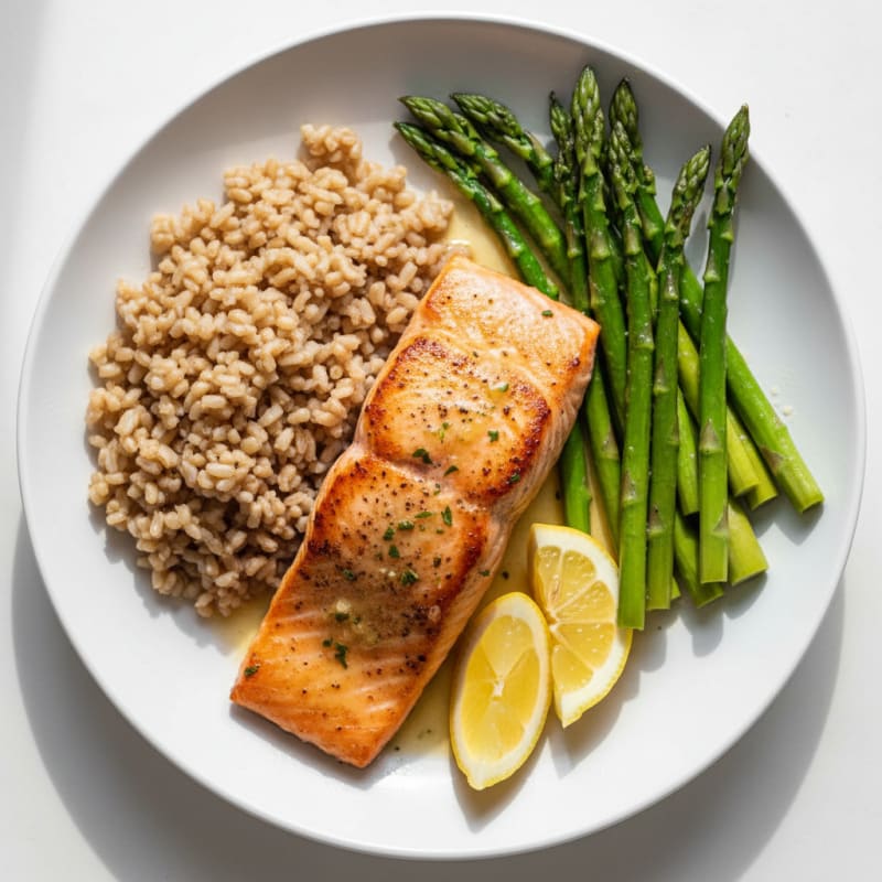 Seared Salmon Fillet with Steamed Asparagus and Brown Rice