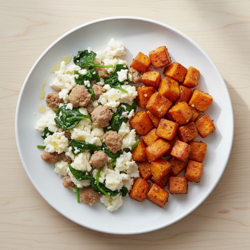 Egg White and Turkey Sausage Scramble with Spinach and Roasted Sweet Potatoes