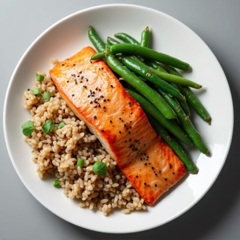 Seared Salmon Fillet with Garlic Green Beans and Brown Rice