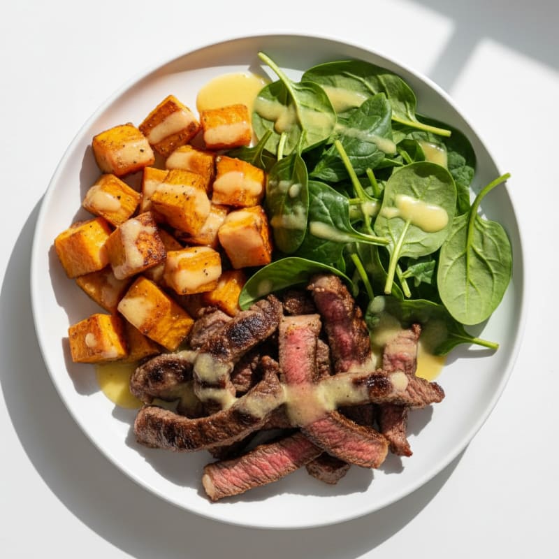 Grilled Beef Strips with Roasted Sweet Potato and Spinach Salad