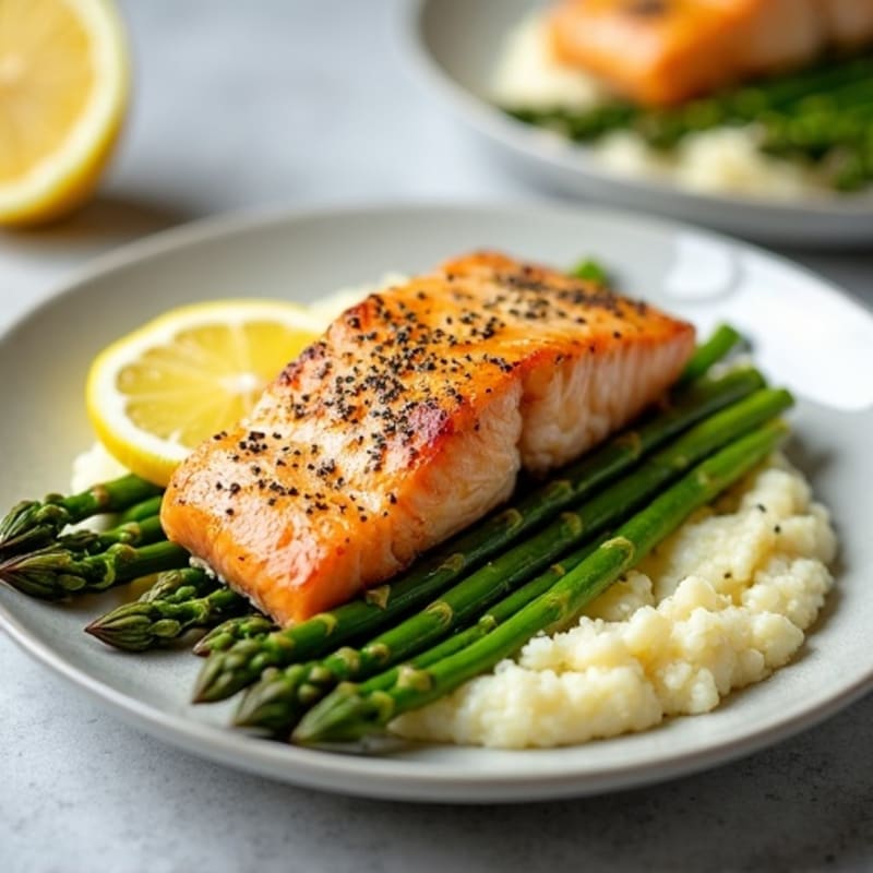 Seared Salmon with Steamed Asparagus and Cauliflower Mash