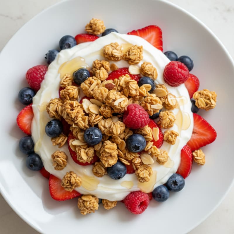 Greek Yogurt Parfait with Mixed Berries and Crunchy Almond Granola