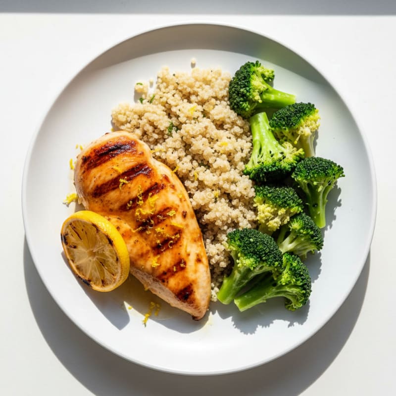 Grilled Chicken Breast with Steamed Broccoli and Quinoa
