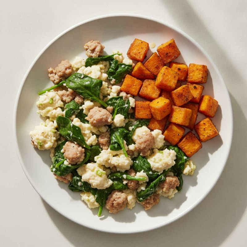 Egg White and Turkey Sausage Scramble with Spinach and Roasted Sweet Potato