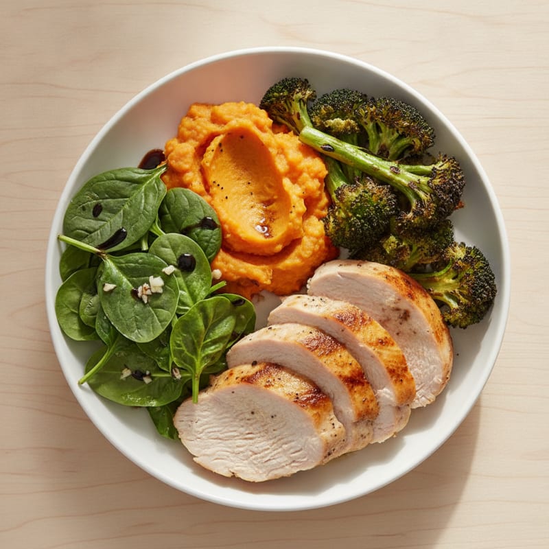Seared Turkey Breast with Roasted Broccoli and Sweet Potato Mash