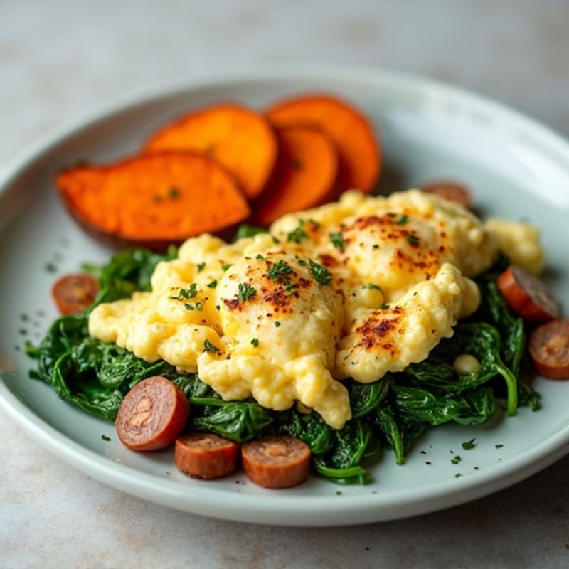 Egg White and Turkey Sausage Scramble with Spinach and Roasted Sweet Potato